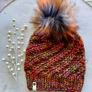 Hand Knit Chunky Beanie - Faux Fur Pom - Malabrigo Rasta Yarn